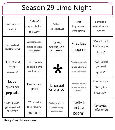 Season 29 Limo Night Bingo Cards Free Pdf Printable Game, Title: Season 29 Limo Night