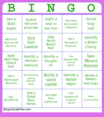 Seattle Discovery Park Bingo Card