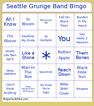 Seattle Grunge Band Bingo Card