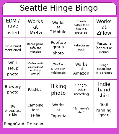 Seattle Hinge Bingo Card
