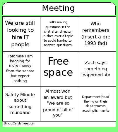 Sebastian's Guide To The Meeting Bingo Card