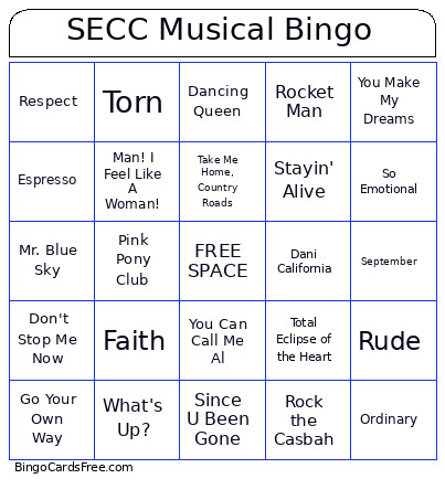 SECC Musical Bingo Card