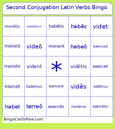 Second Conjugation Latin Verbs Bingo Card