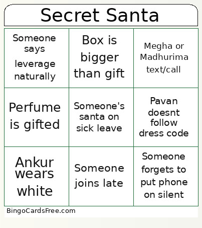 Secret Santa Bingo Card