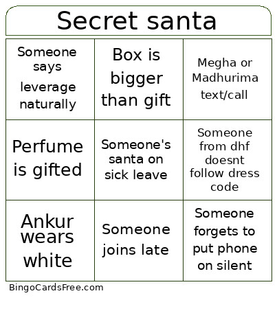 Secret Santa Bingo Card
