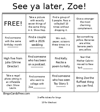 See Ya Later Zoe Bingo Card