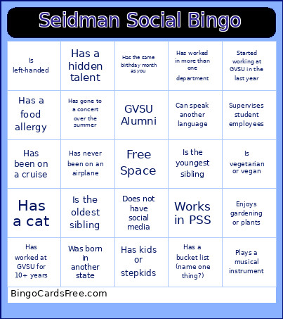 Seidman Social Bingo Card