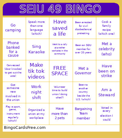 SEIU 49 Board Bingo Card