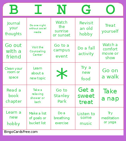 Self Care Bingo Card