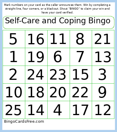 Self-Care And Coping Bingo Card