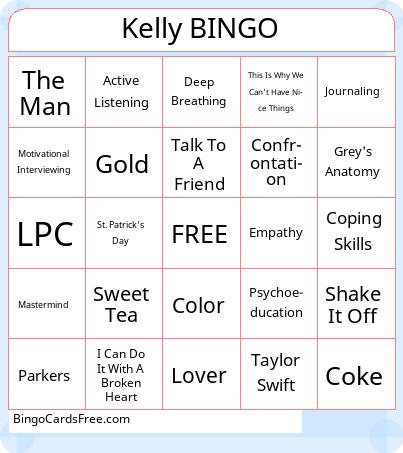 Self-Care and Pop Culture Bingo Cards Free Pdf Printable Game, Title: Kelly BINGO
