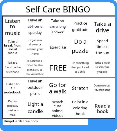 Self Care Bingo Cards Free Pdf Printable Game, Title: Self Care BINGO