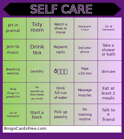 Self Care Purple And Green Bingo Card