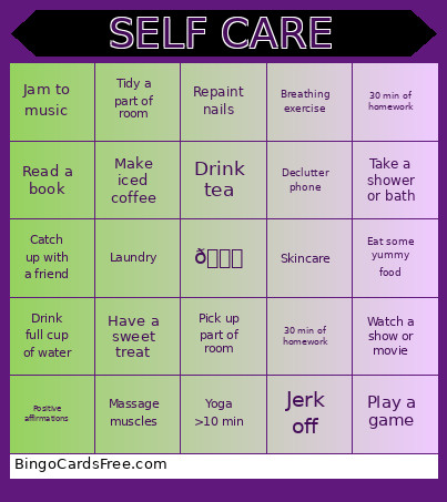 Self Care Purple And Green Bingo Card 3