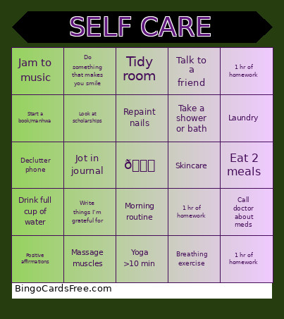 Self Care Purple And Green Bingo Card