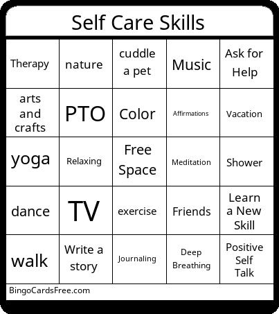 self care Bingo Cards Free Pdf Printable Game, Title: Self Care Skills