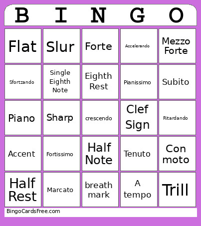 Semester 1 Music Vocab Bingo Card