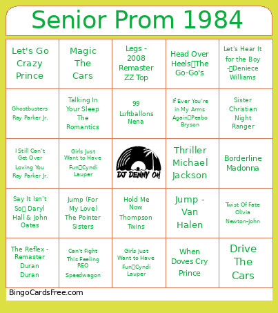 Senior Prom 1984 Bingo Card