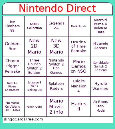 September 2025 Nintendo Direct Bingo Card