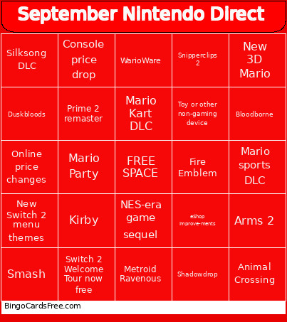 September Nintendo Direct Bingo Card