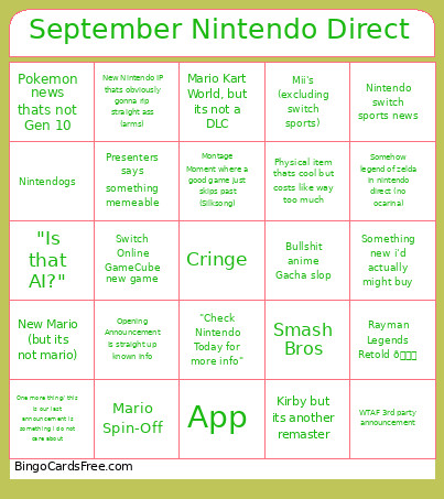 September Nintendo Direct Bingo Card