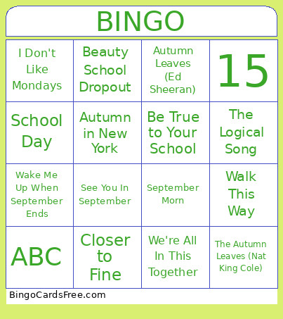 September Songs Bingo Card