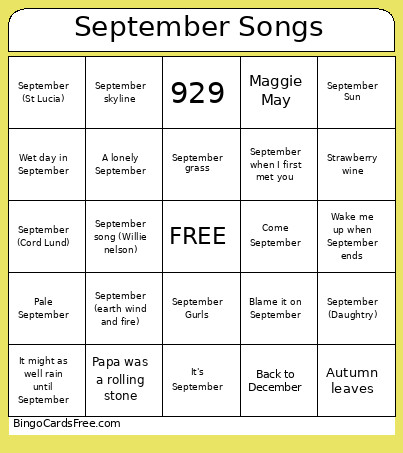 September Songs Bingo Card
