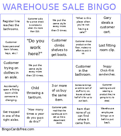September Warehouse Sale Bingo Card