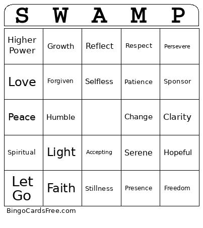 Serenity In The Swamp BINGO! Cards Free Pdf Printable Game, Title: SWAMP