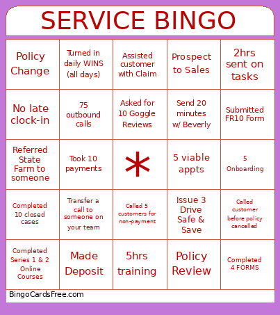 SERIVCE Bingo Card