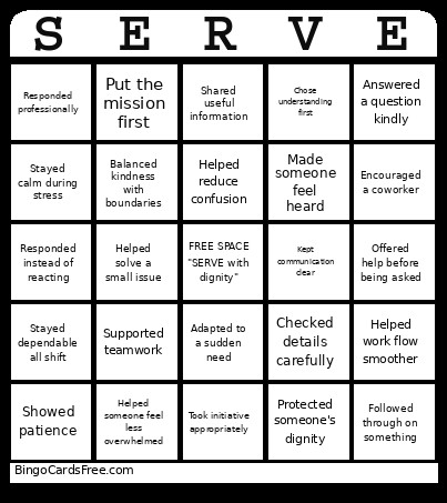 SERVE Bingo Card