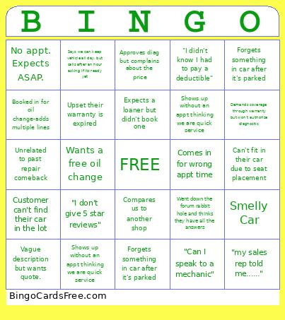 SERVICE Bingo Card