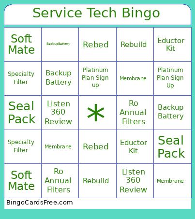 Service Tech Bingo Card