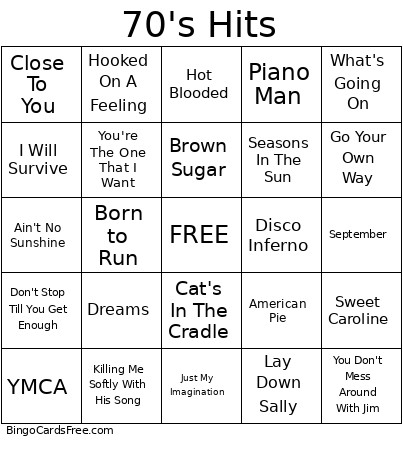 SEVENTIES HITS Bingo Card