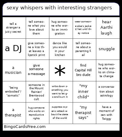 Find, do, or hear... Bingo Cards Free Pdf Printable Game, Title: sexy whispers with interesting strangers 