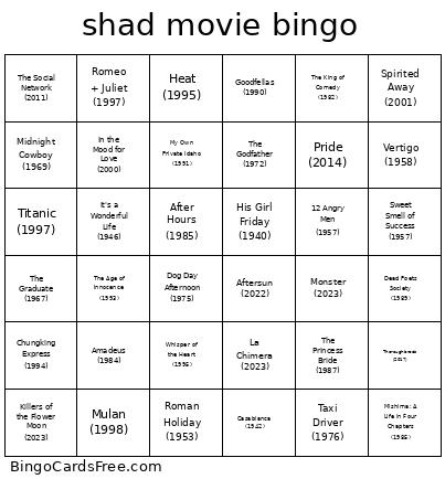 Shad Movie Bingo Card