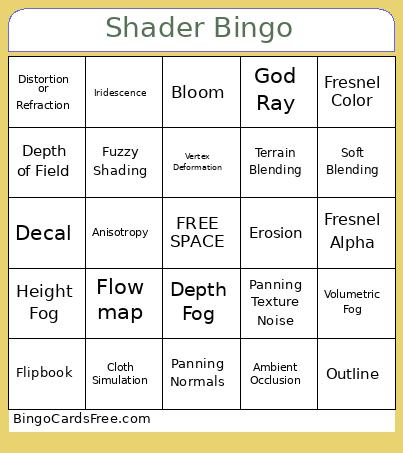 Shader Bingo Card