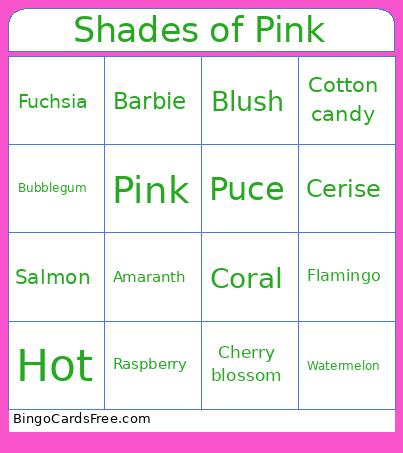 Shades Of Pink Bingo Card