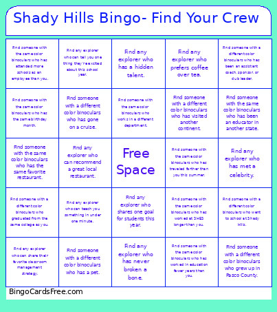 Shady Hills - Find Your Crew Bingo Card