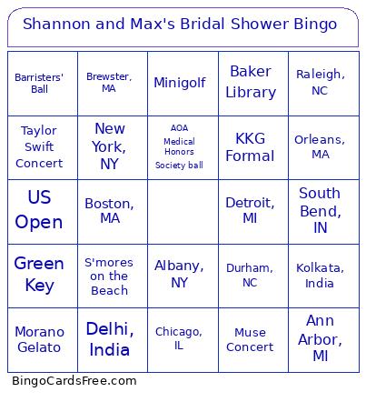 Shannon and Max's Bridal Shower Bingo