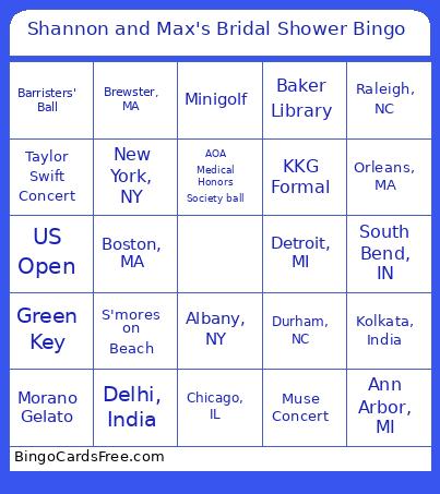 Shannon and Max's Bridal Shower Bingo