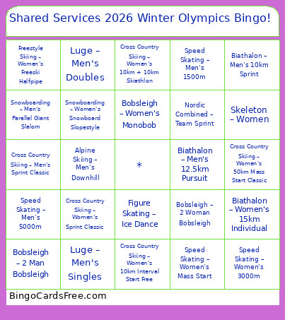 Shared Services 2026 Winter Olympics ! Bingo Card
