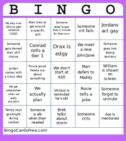 Shattered Crown Bingo Card