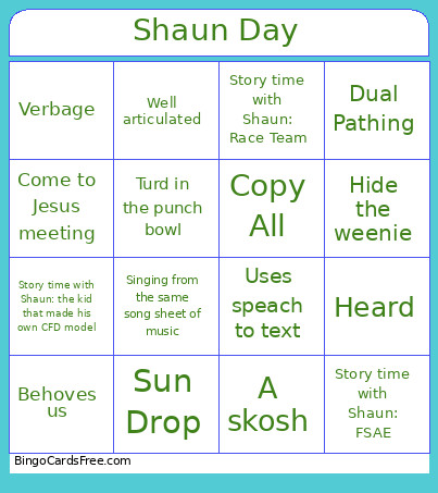 Shaun Day Bingo Card