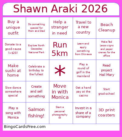 Shawn Araki 2026 Bingo Card