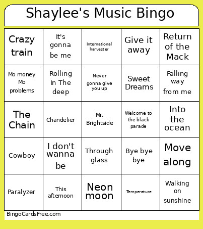 Shaylee's Music Bingo Card