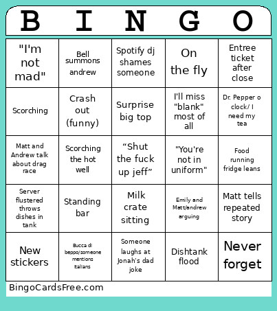 Shed Bingo Card