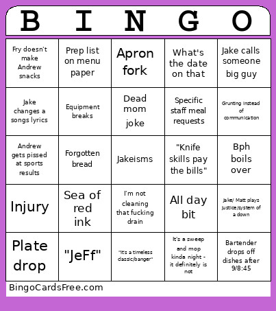 Shed Bingo Card