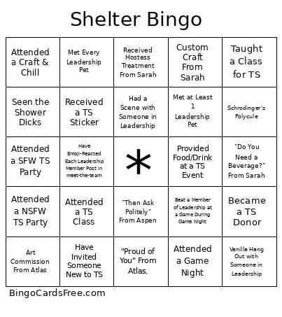 Shelter Bingo Card