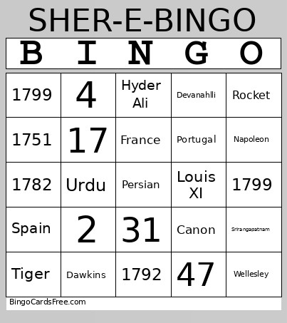 Sher-e- Bingo Card